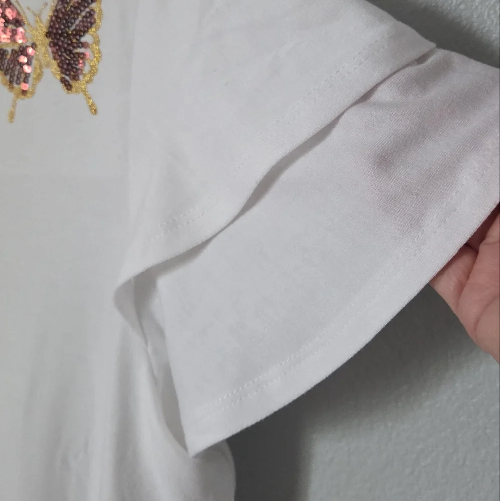 Love Scarlett Butterfly Sequin Embroidered Tee White Flutter Sleeve Top L NWT